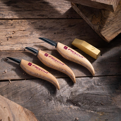 Flexcut Wood Carving Knives | Starter Set of 3 Woodcarving Knives | 1095 High Carbon Steel Blades | Ergonomic Ash Wood Handles for Beginners and Hobbyists | KN500 | Made in the U.S.A