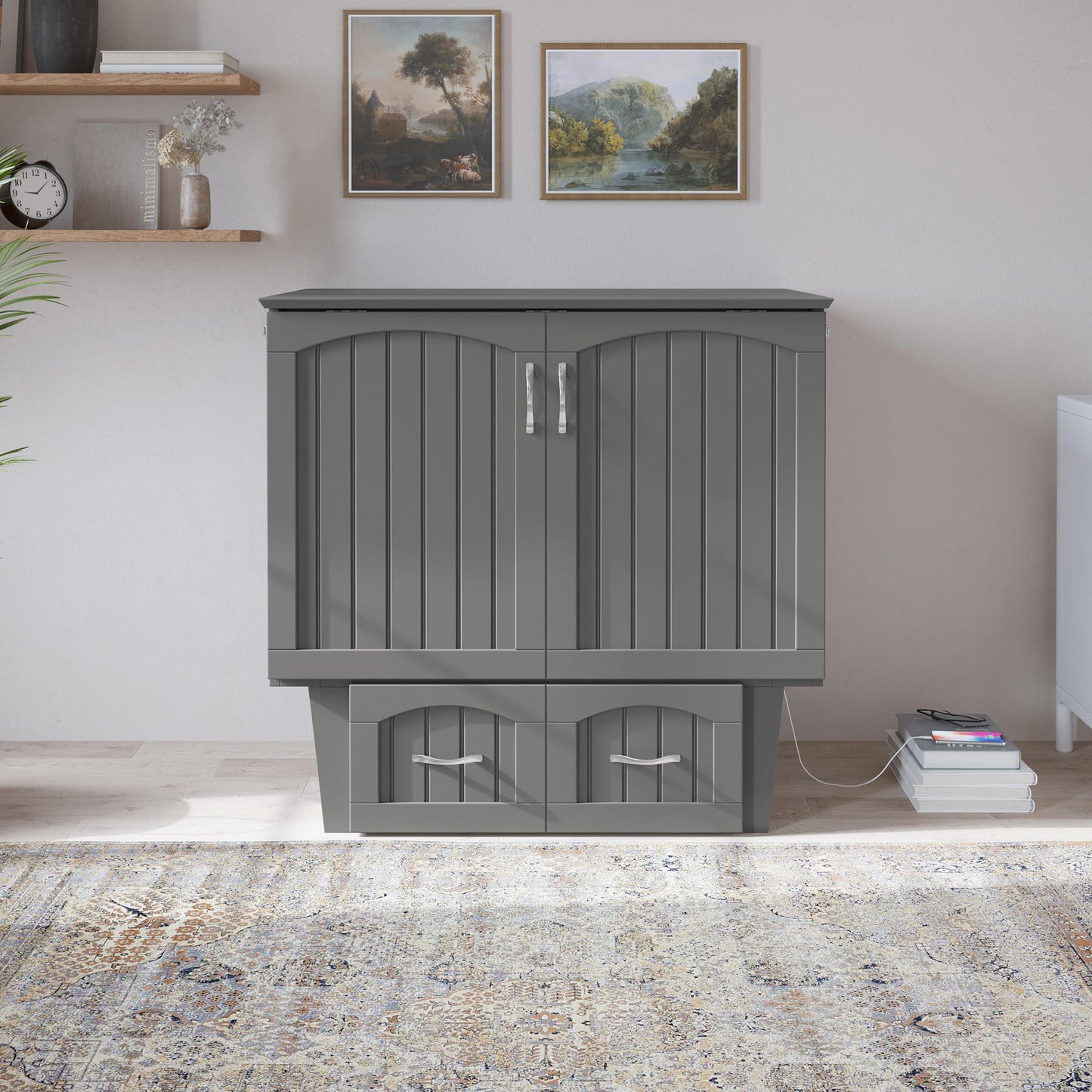 AFI, Nantucket Twin Murphy Bed Chest with Mattress, Storage Drawer and Built-In USB Charger, Grey