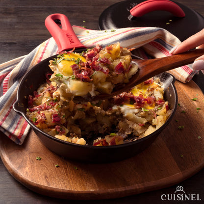 Cuisinel 12" + 10" + 8"-Inch Cast Iron Skillets Set with Braiser Lids + Silicone Handle Grips + Pan Scraper - Indoor/Outdoor Pre-Seasoned Kitchen Cookware - Oven, Fire, Stove Safe