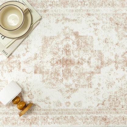 PureCozy Area Rug 10x14 Cream Washable Living Room Beige Carpet Non Slip Vintage Medallion Indoor Bedroom Beige Carpet Low Pile Soft Retro Distressed Large Rug Home Office Dining Room Playroom
