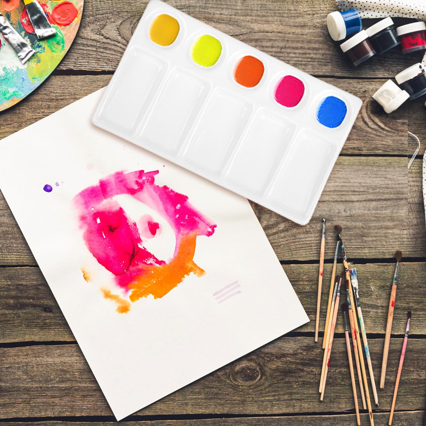 Jucoan 2 Pack 10-Well Ceramic Watercolor Paint Palette, 7-1/2 x 4-1/4 Inch Rectangle Porcelain Artist Paint Palette Mixing Tray for Watercolor, Gouache, Acrylic