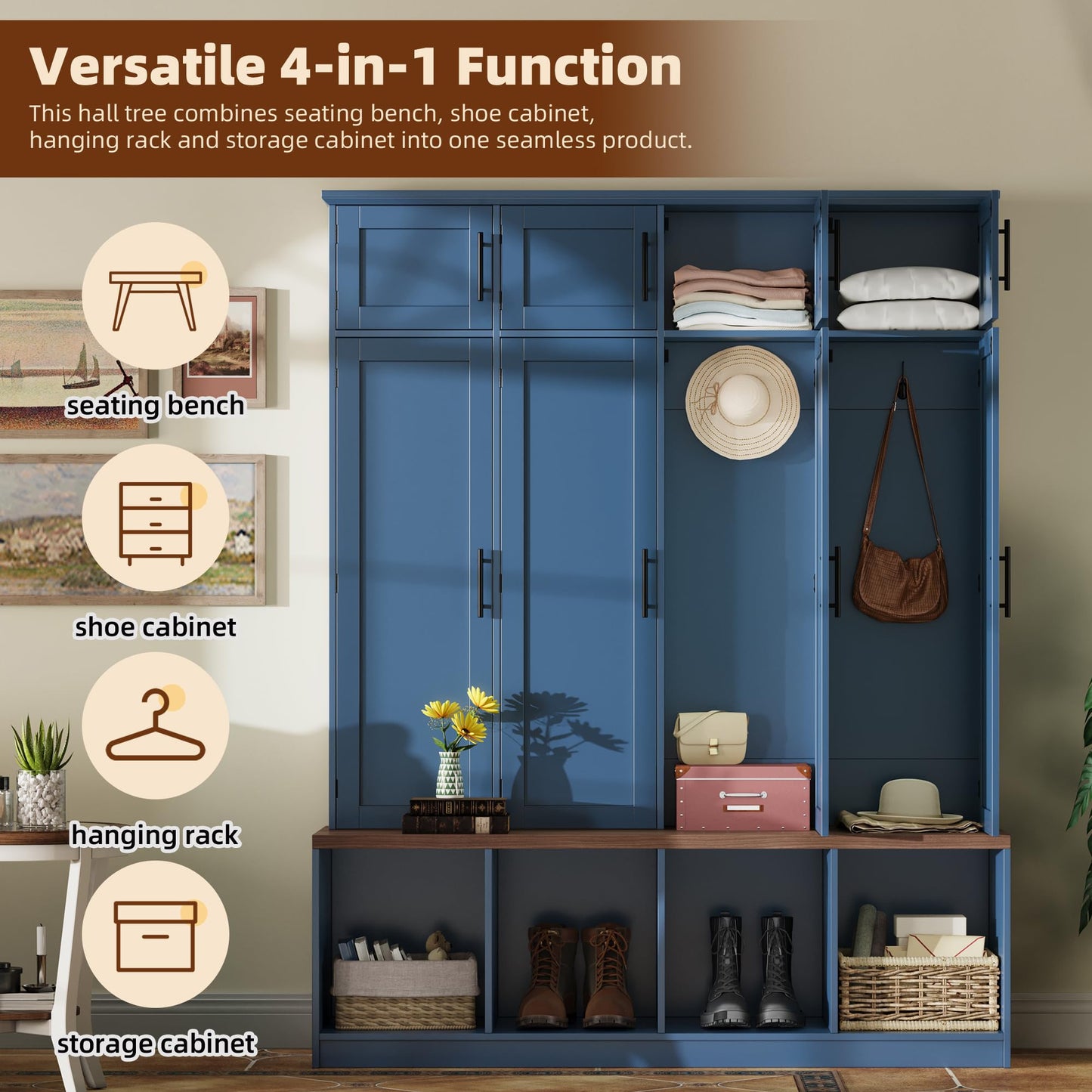 Hall Tree with Bench and Shoe Storage Compartments for Entryway, Particle Board Multi-Functional Cabinet with 4 Hanging Hooks, Blue