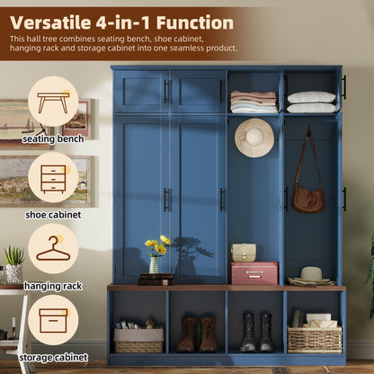 Hall Tree with Bench and Shoe Storage Compartments for Entryway, Particle Board Multi-Functional Cabinet with 4 Hanging Hooks, Blue