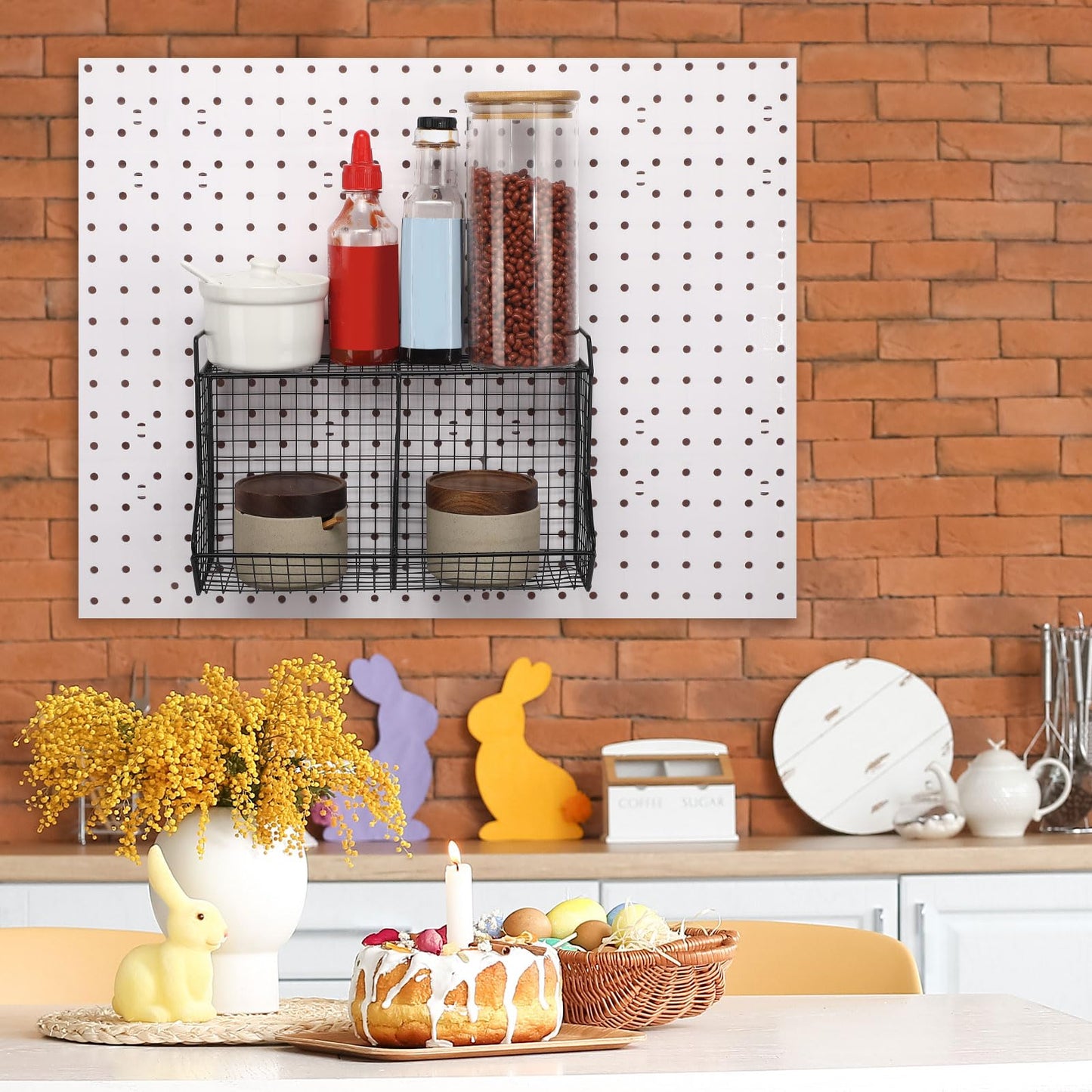 Huwena 2 Pcs Tiered Pegboard Baskets Bins Set with 4 Hooks Black Pegboard Parts Storage System Metal Garage Tool Organizer for Workbench Bathroom Kitchen Accessory Storage(2 Grid,Black)