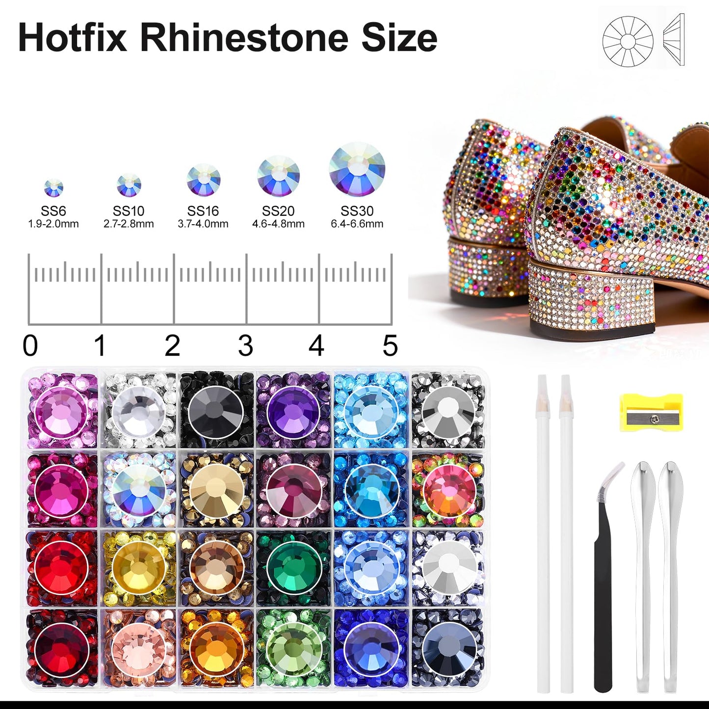 24 Colors Hotfix Rhinestones Kit, SS20 Glass Flatback Crystals for Clothes, Hats, Shoes & Crafts with 4 Tools, Tweezers, Wax, Pencil, Spoon hot fix kit(Color B)
