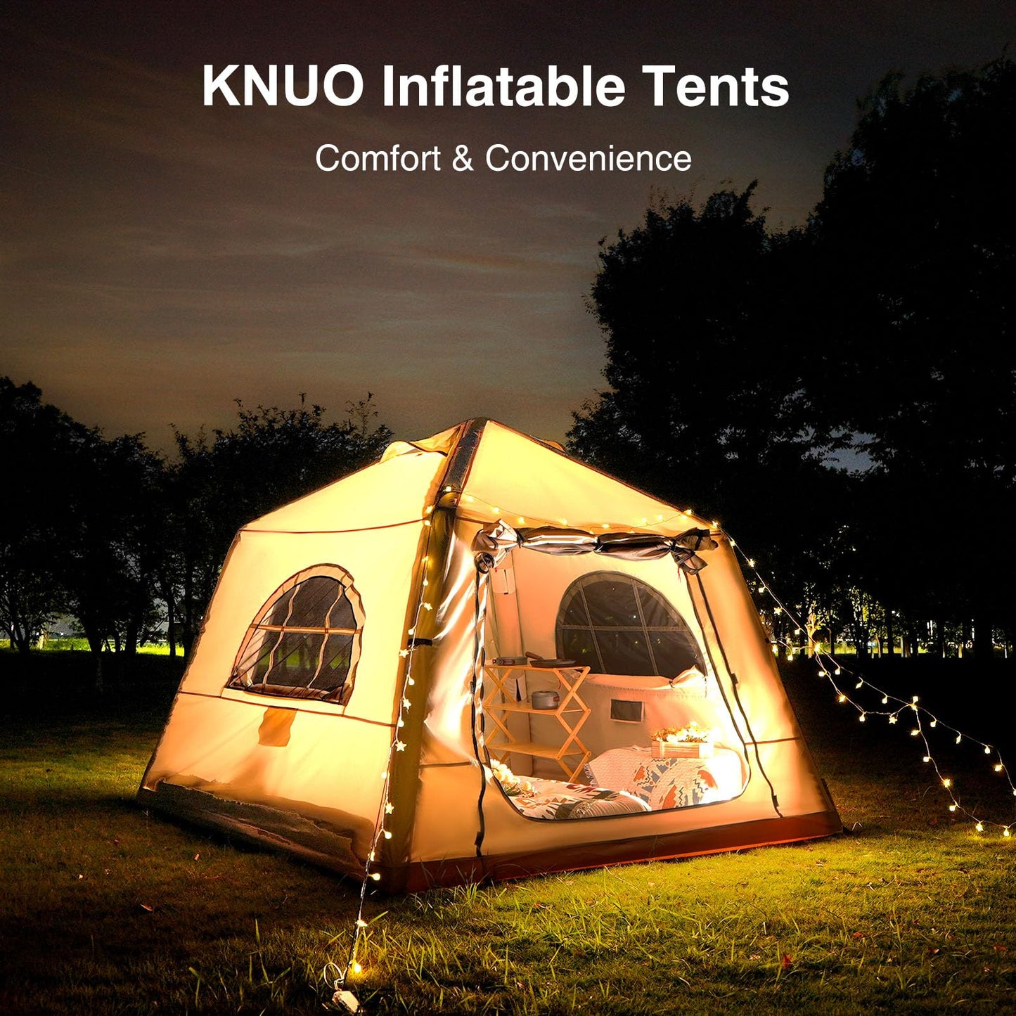 KNUO Inflatable Tent for Winter Camping 7.8x7.8ft Blow Up Air Tents, No Assembly Needed Luxury Glamping Tent for 1/2/3 People, Waterproof Oxford, Beige