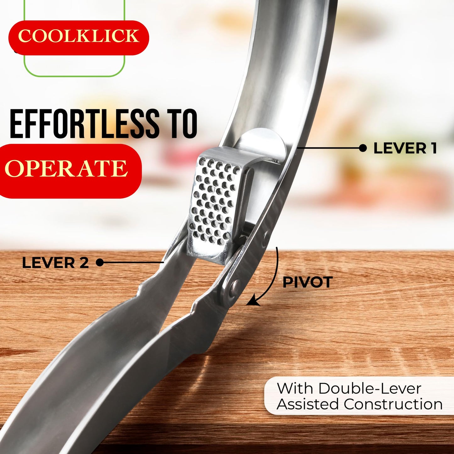 Coolklick Heavy Duty Garlic Press, No Peeling Needed, Stainless Steel Professional Garlic Mincer & Crusher, Dual Lever-Assisted Design with Large Capacity Chamber for Effortless Garlic Crushing.