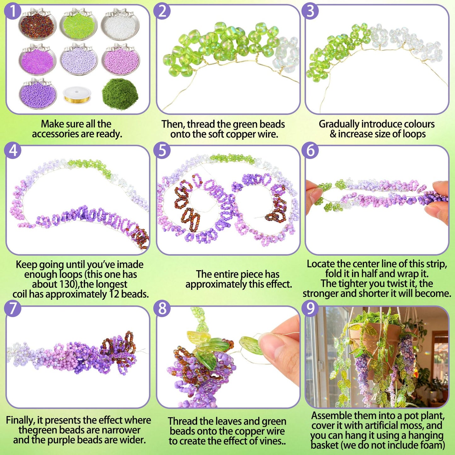Potchen 13155 Pcs Wisteria Craft Beaded and 5 Inch Clay Pot Planter DIY Set, Glass Beads Plant Flower Making Kit with Artificial Moss Hanging Rope Purple Nature Series Colorful Crystal Leaf Jewelry