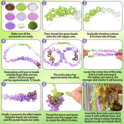 Potchen 13155 Pcs Wisteria Craft Beaded and 5 Inch Clay Pot Planter DIY Set, Glass Beads Plant Flower Making Kit with Artificial Moss Hanging Rope Purple Nature Series Colorful Crystal Leaf Jewelry