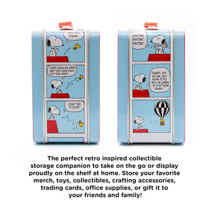 Aquarius Peanuts Snoopy Tin Fun Box with Embossed Cover and Handle 8 x 6 Inches - Collectible Retro Container for Kids Toys, Cards and Memorabilia