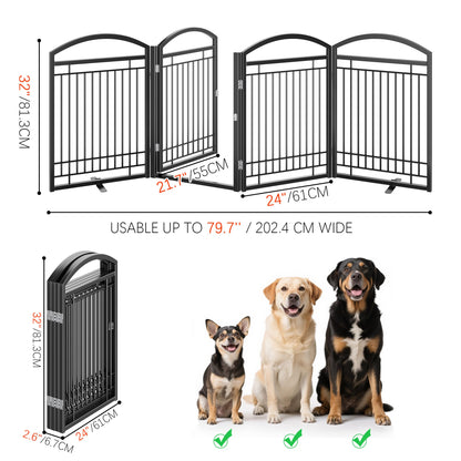 THKKY Folding No-Assembly Metal Freestanding Dog Gate with Door Walk Through,32" Height Pet Fence,96" Extra Wide Accordion Puppy Folding Playpen for Doorways,House,Stairs (4 Panels,Black)