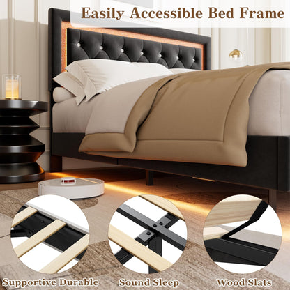 Floating Queen Platform Bed Frame with Smart LED Lights – Modern Diamond Upholstered Headboard, Noise-Free Wood Slats, Under-Bed Storage, Easy Assembly, Contemporary Bedroom Furniture，Queen Black