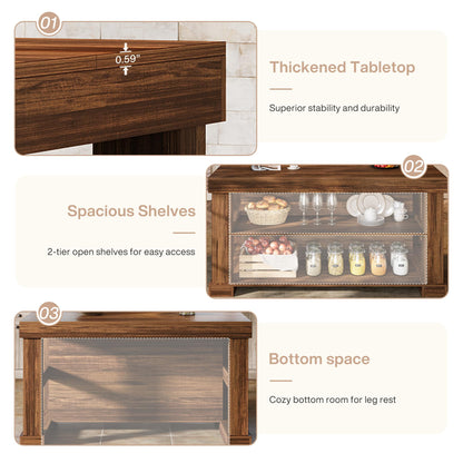 Tribesigns 55" Kitchen Island with Seating and Storage, 3-Tier Farmhouse Wood Stationary Island Table with Large Worktop & Leg Room, Coffee Bar Table with Storage Shelves for Kitchen, Dark Brown