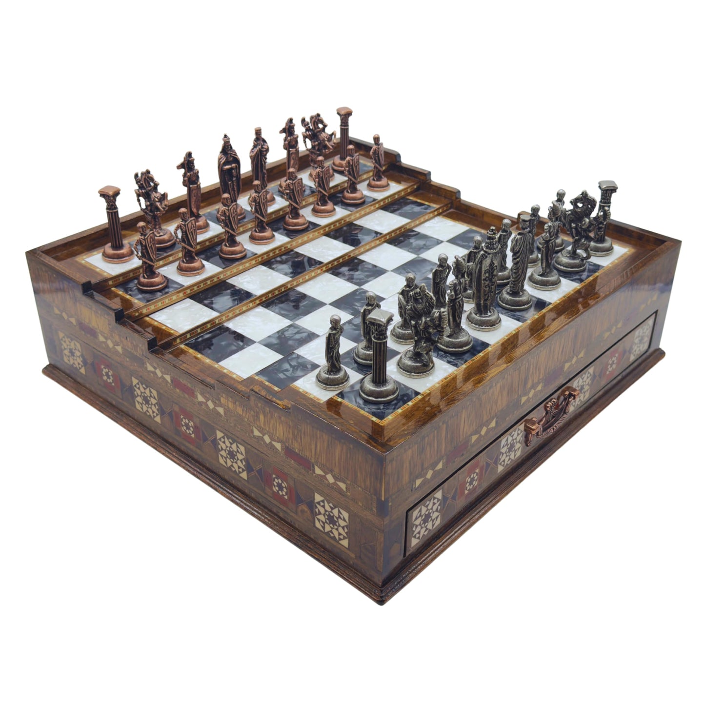 Luxury Handmade Wooden Chess Set with Storage Drawers – Large Walnut & Rosewood Chess Board with Weighted Metal British Pieces – Chess Set for Adults, Men & Dad