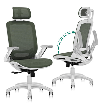 GABRYLLY Ergonomic Office Chair, High Back Home Desk Chair with Headrest, Flip-Up Arms, 90-120° Tilt Lock and Wide Cushion, 300LBS Mesh Chairs for Man Woman, White Task Chair(Olive Green,GY01WOG)