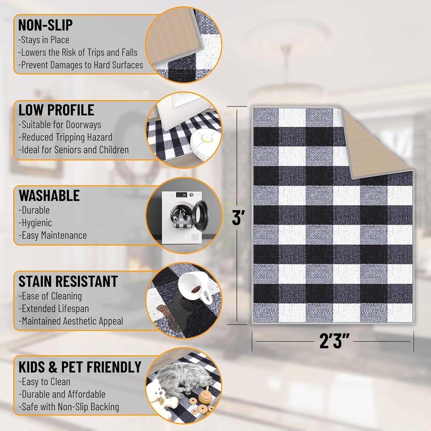 Ottomanson Ottohome Collection Non-Slip Rubberback Checkered Buffalo Plaid Design Indoor Area Rug, 2'3" x 3',