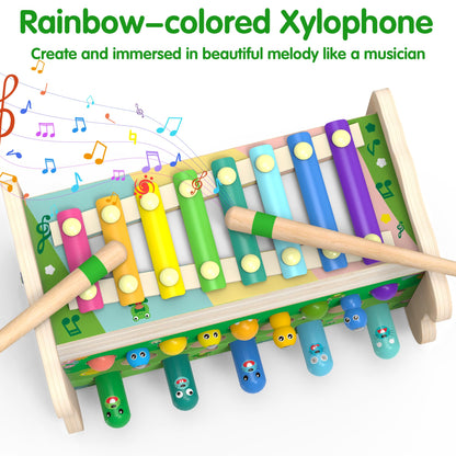 Amtreen 6-IN-1 Wooden Montessori Toys for 1 Year Old, Mole-Tapping Game | Play the Xylophone | Frog Clock | Carrot Harvest Game | Spinning Gear, Toddler Toys Aged 1-4, Baby Toy Gift for Early Learning