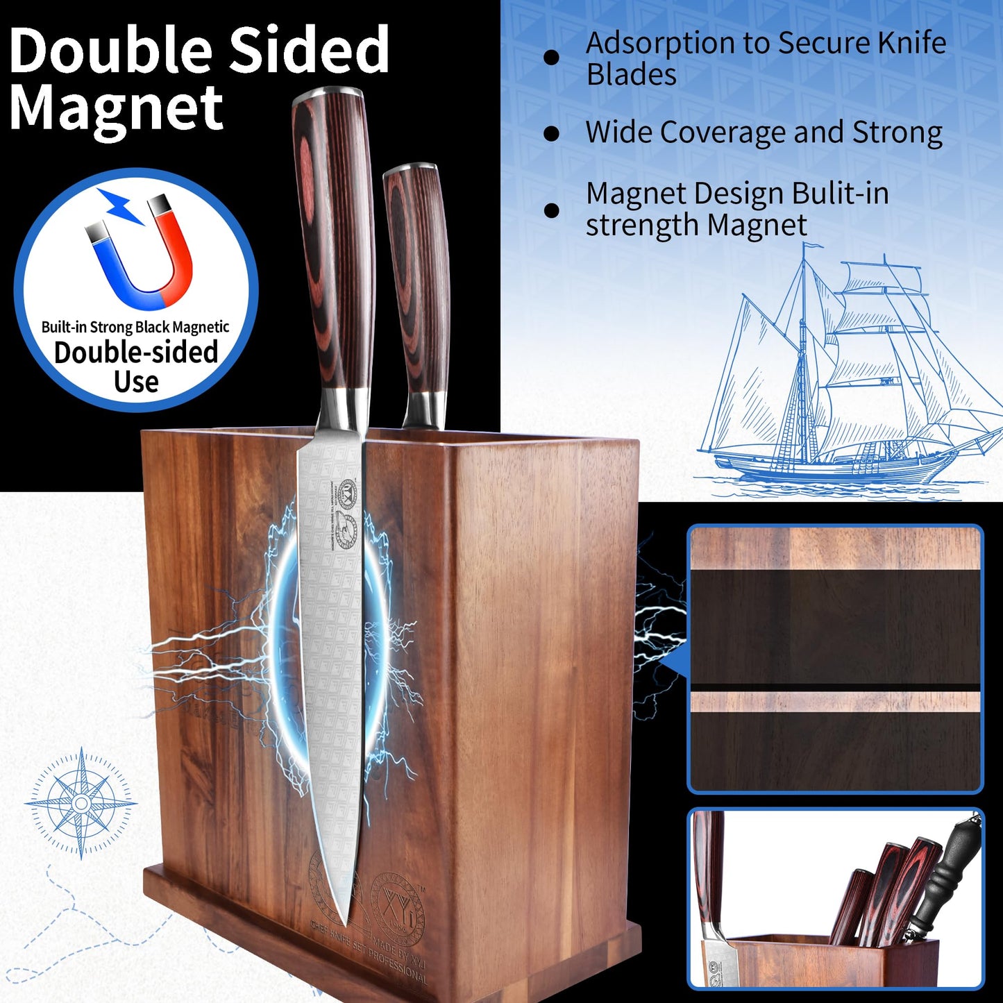 XYJ Authentic Since 1986, Magnetic Knife Block, Double Side Kitchen Knife Stand, Acacia Wood, Magnetic Knife Holder with Strong Enhanced Magnets,Knives Storage Rack Stand for Home Kitchen