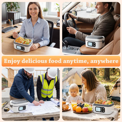 SOUOA Cordless Heated Electric Lunch Box for Adults with Automatic Heating, 100W Portable Food Warmer Battery Powered with Scheduled Heating, 6.3 Cup Food Heater for Men/Work/Office/Car/Truck (White)
