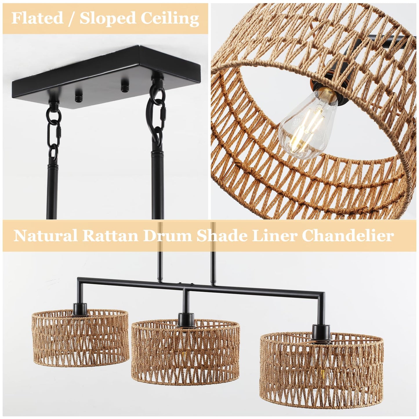 MRHYSWD 47" Hand Woven Rattan Chandeliers for Dining Room, 3-light Boho Linear Chandeliers Large Farmhouse Kitchen Island Lighting, Black Finish Pendant Light Fixtures Over Table, Bar, Living Room,E26