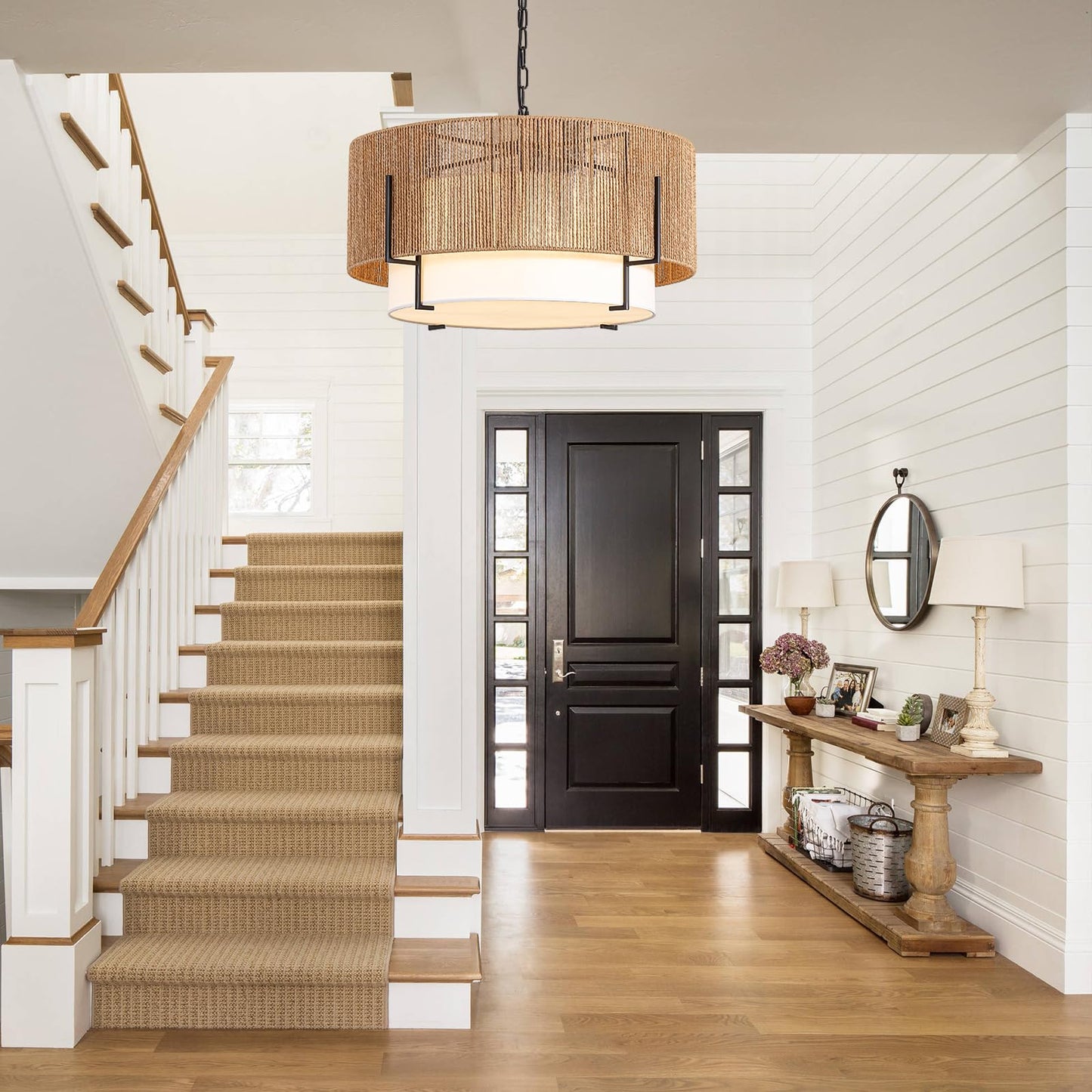 25.6" Large Rattan Chandelier, 6-Light Boho Pendant Light with Fabric Shade, Farmhouse Rattan Hanging Ceiling Light Fixture for Dining Room, Living Room, Kitchen Island, Bedroom, Hallway, Foyer