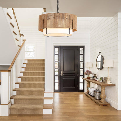 25.6" Large Rattan Chandelier, 6-Light Boho Pendant Light with Fabric Shade, Farmhouse Rattan Hanging Ceiling Light Fixture for Dining Room, Living Room, Kitchen Island, Bedroom, Hallway, Foyer
