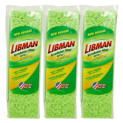 Libman Scrubster Mop Refill Pack, Three #3105 Refills Extra-Absorbent, Cellulose Coated Sponge Replacement Heads for The Libman Scrubster Mop, 3 Pack