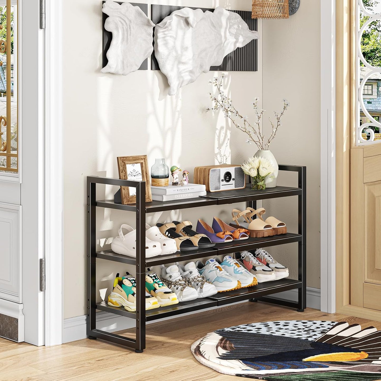 Skiennix 3-Tier Expandable Shoe Rack - Adjustable & Stackable Metal Mesh Organizer | Black