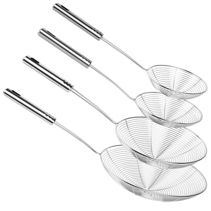 BAOKARU Spider Strainer Fine Mesh & Skimmer Spoon 4-Piece Set, Stainless Steel Pasta Ladle with Long Handle for Frying, Cooking and Carnitas (4.7”+5.5”+7.1”+8.7”)