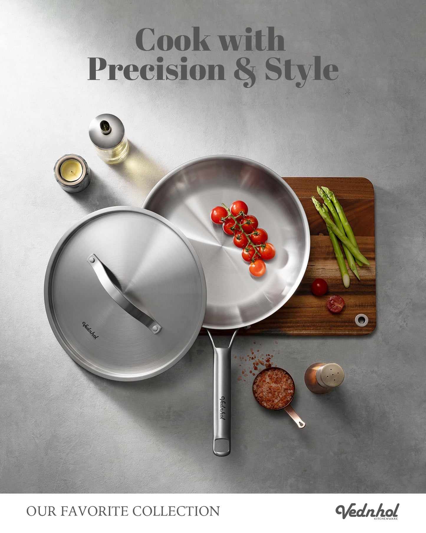 VEDNHOL Stainless Steel Frying Pan 12 Inch with Lid, Fully Clad Tri-Ply Stainless Steel Skillet for Even Heating, Brushed Finish, Dishwasher & Oven Safe, Induction & All Stovetops Compatible