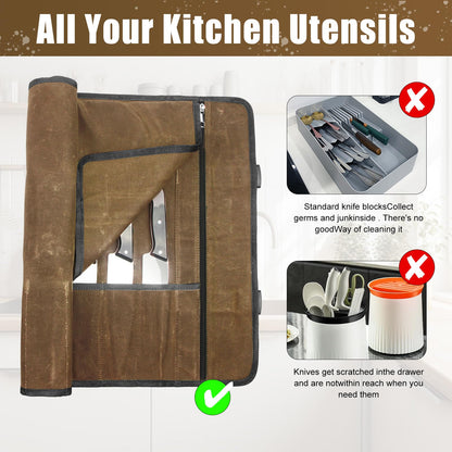 Chef Knife Roll Bag,Waxed Canvas Knife Travel Case,Heavy Duty Professional Knife Carrier Storage Holder with 10 Slots,Portable Kitchen Culinary Tool Organizer for Men,Fits up to 18.8” Knives.Khaki