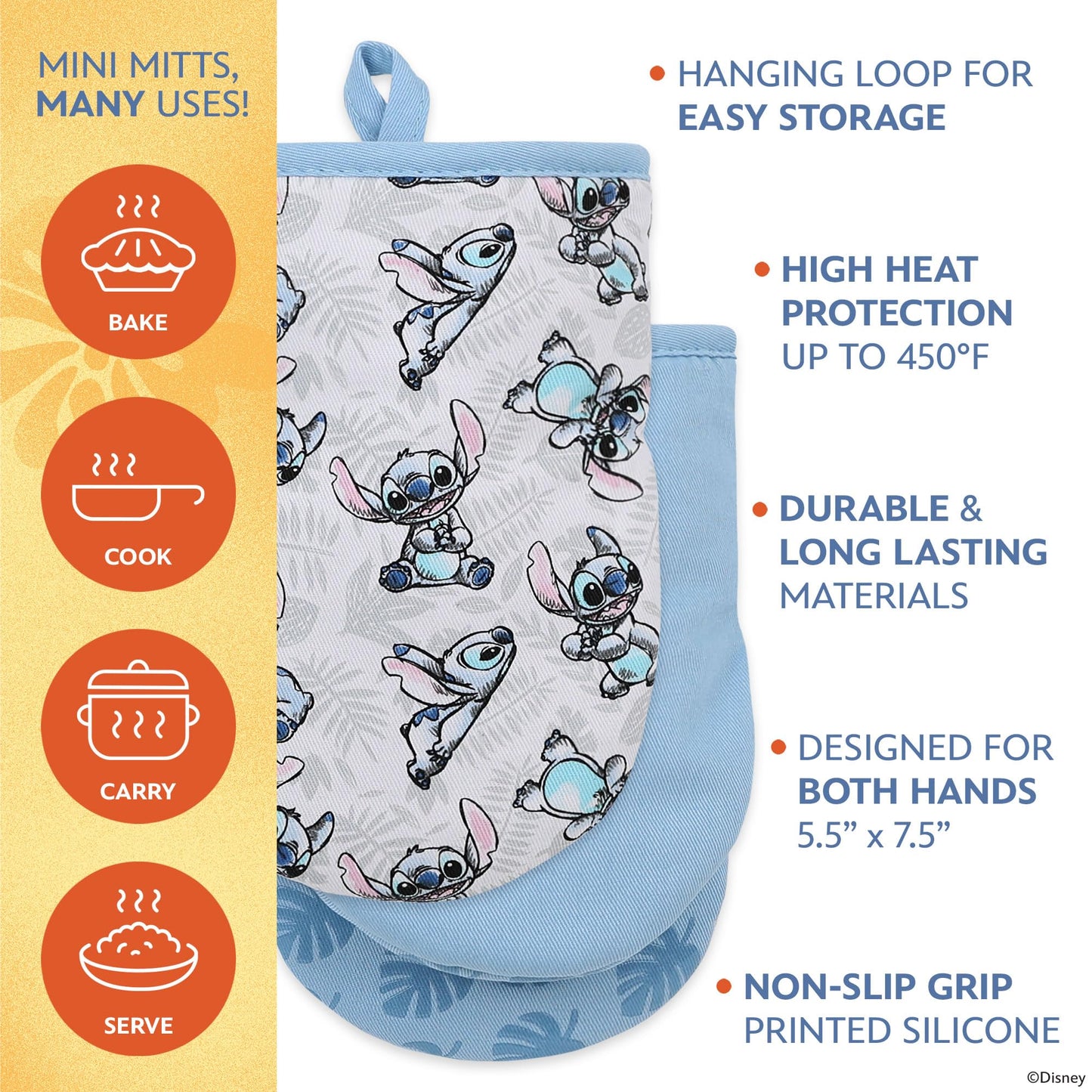 Disney Oven Mitts - 5.5” x 7.5” Heat-Resistant Mini Oven Mitts with Non-Slip Printed Silicone Disney Silhouettes - Pot Holders for Kitchen- Mickey & Minnie, Stich, Winnie the Pooh
