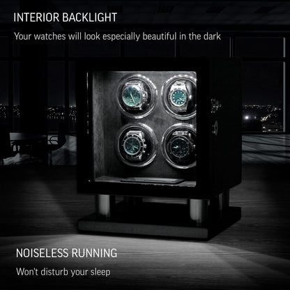 Watch Winder for 4 Watches with LED Backlight, LCD Display and Motor-Stop Option (Black & Black)