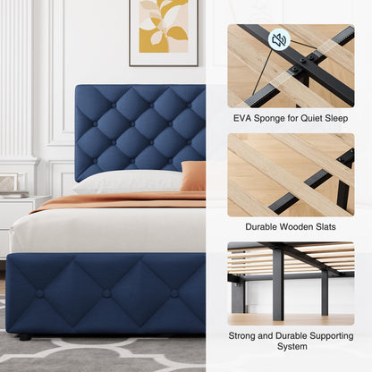 King Size Bed Frame with 4 Storage Drawers, Linen Upholstered Platform Bed Frame with Headboard and Footboard, Wooden Slats Support, Diamond Stitched Button Tufted, No Box Spring Needed, Blue