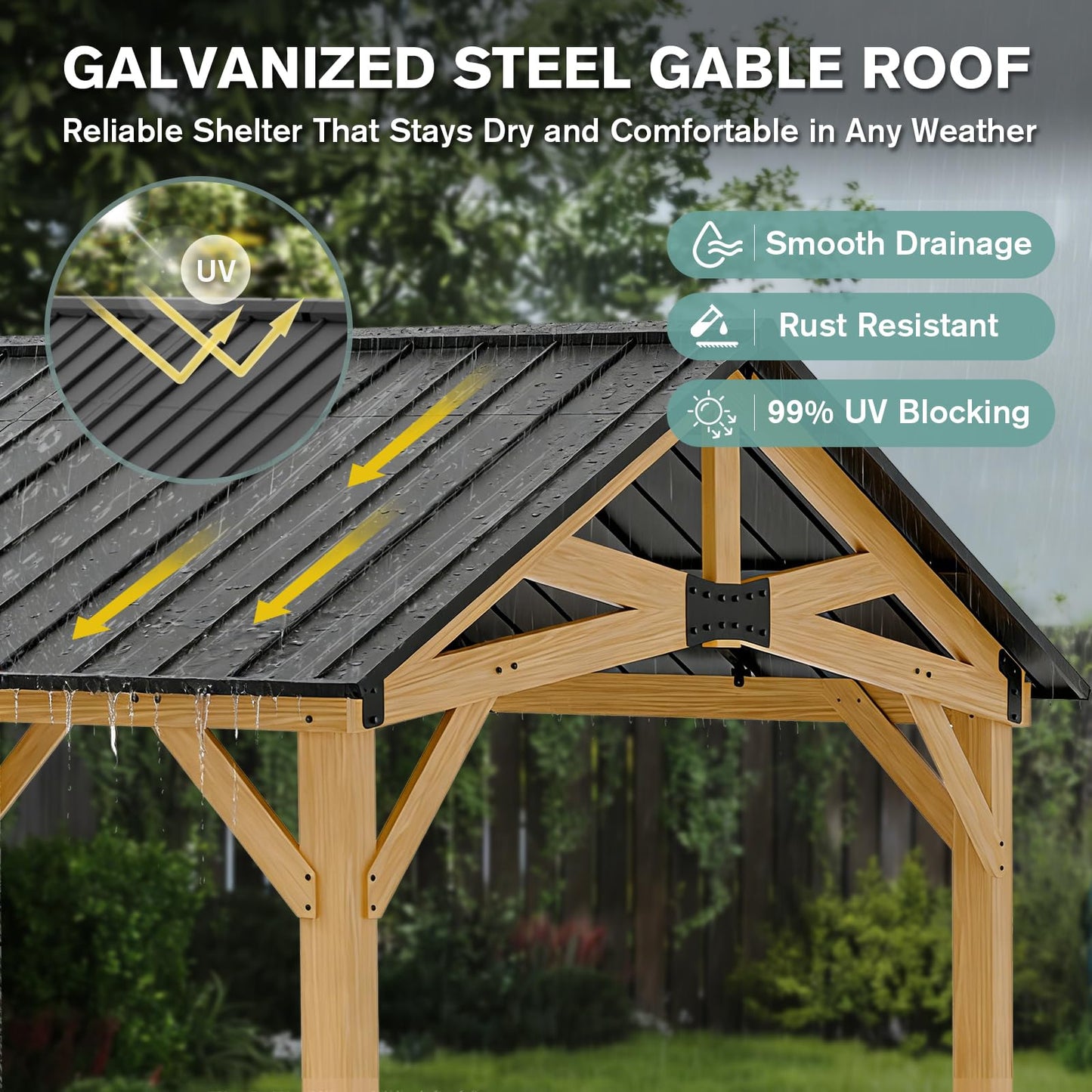 COOS BAY 13x15 Hardtop Gazebo with Cedar Wood Frame, Post-and-Beam Gazebo Shelter, Galvanized Steel Gable Roof Outdoor Pavilion for Garden, Lawn, Poolside, Patio, Deck, Natural Wood/Black