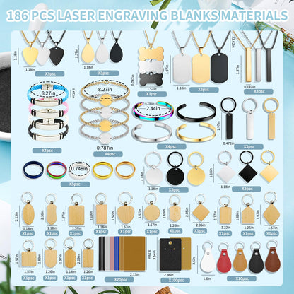 MUXERAN 168 Pcs Laser Engraving Materials bulk Include 66 Pcs Laser Engraving Supplies Include Necklace Bracelet Ring Keychain For Laser Engraver DIY Crafting Supplies
