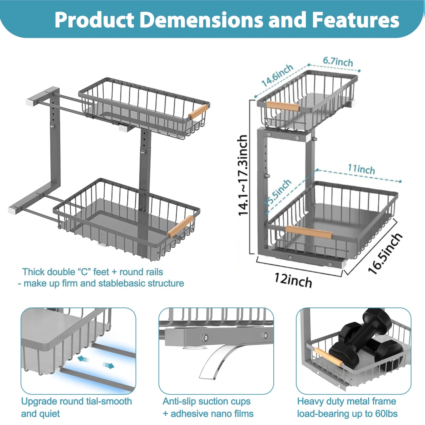 Liuoud Under Sink Organizer 2 Pack, 2 Tier Slide Out Large Capacity Height Adjustable Under Sink Organizers and Storage for Kitchen Bathroom Cabinet, Grey