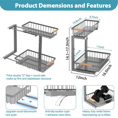 Liuoud Under Sink Organizer 2 Pack, 2 Tier Slide Out Large Capacity Height Adjustable Under Sink Organizers and Storage for Kitchen Bathroom Cabinet, Grey