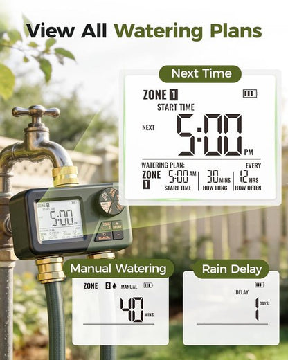 Diivoo Brass Sprinkler Timer - 2 Zone IP66 Waterproof Programmable Hose Timer | Large Display & Rain Delay for Garden Irrigation