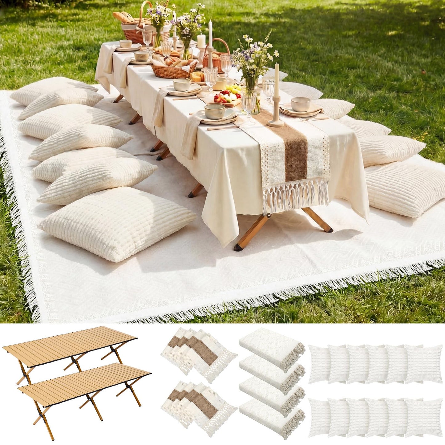 Novabright 20 Pcs Boho Picnic Kit Folding Picnic Table 59'' x 20.5'' Extra Large Outdoor Boho Blanket 91'' x 71'' Beige White Table Runner 12 Pillow Cover Woven Cotton Oversize Washable for Wedding