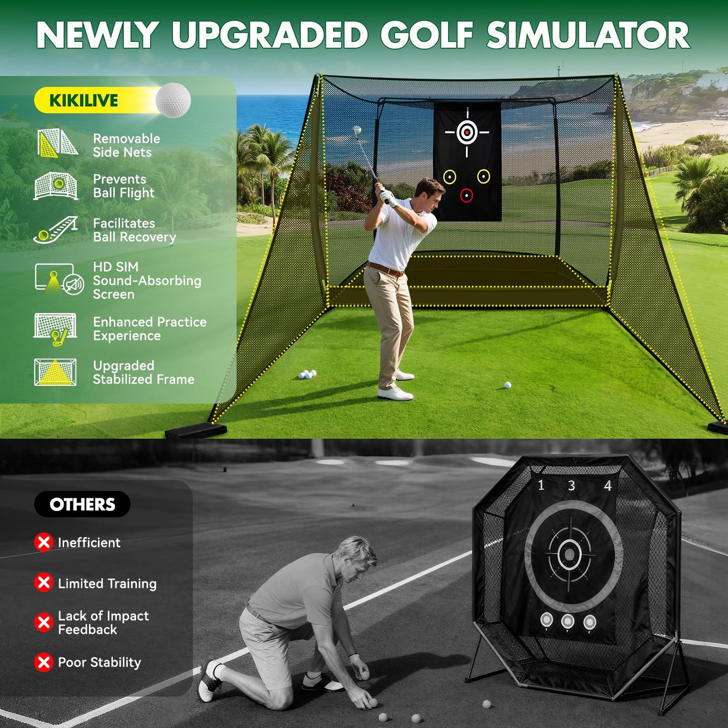 10x8FT Golf Practice Net with 2 Net Side Barriers Outdoor Indoor Golfs Hitting Net with HD Impact Screen Kit for Backyard Home Easy Set up Golf Training for Garage