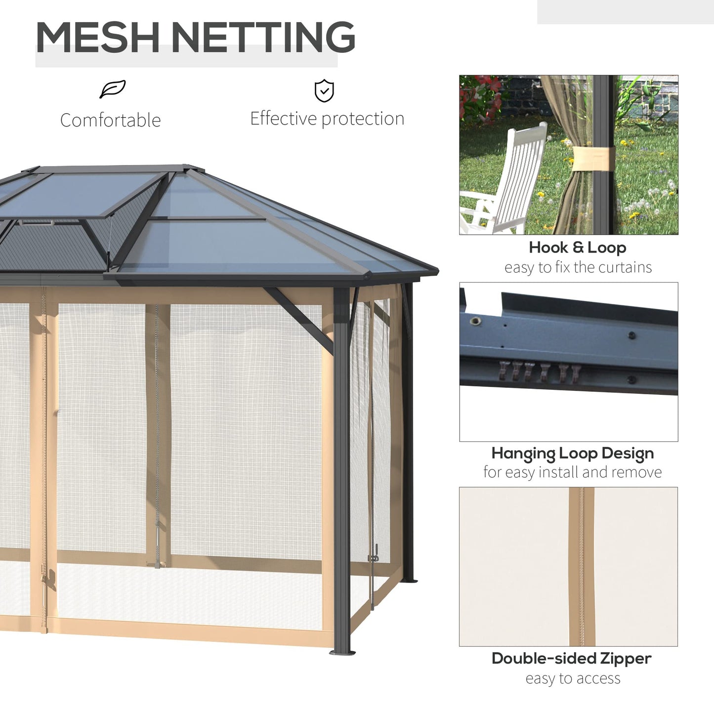 GOWE 10' x 12' Hardtop Gazebo Canopy with Polycarbonate Roof, Top Vent and Aluminum Frame, Permanent Pavilion Outdoor Gazebo with Netting, for Patio, Garden, Backyard, Deck, Lawn