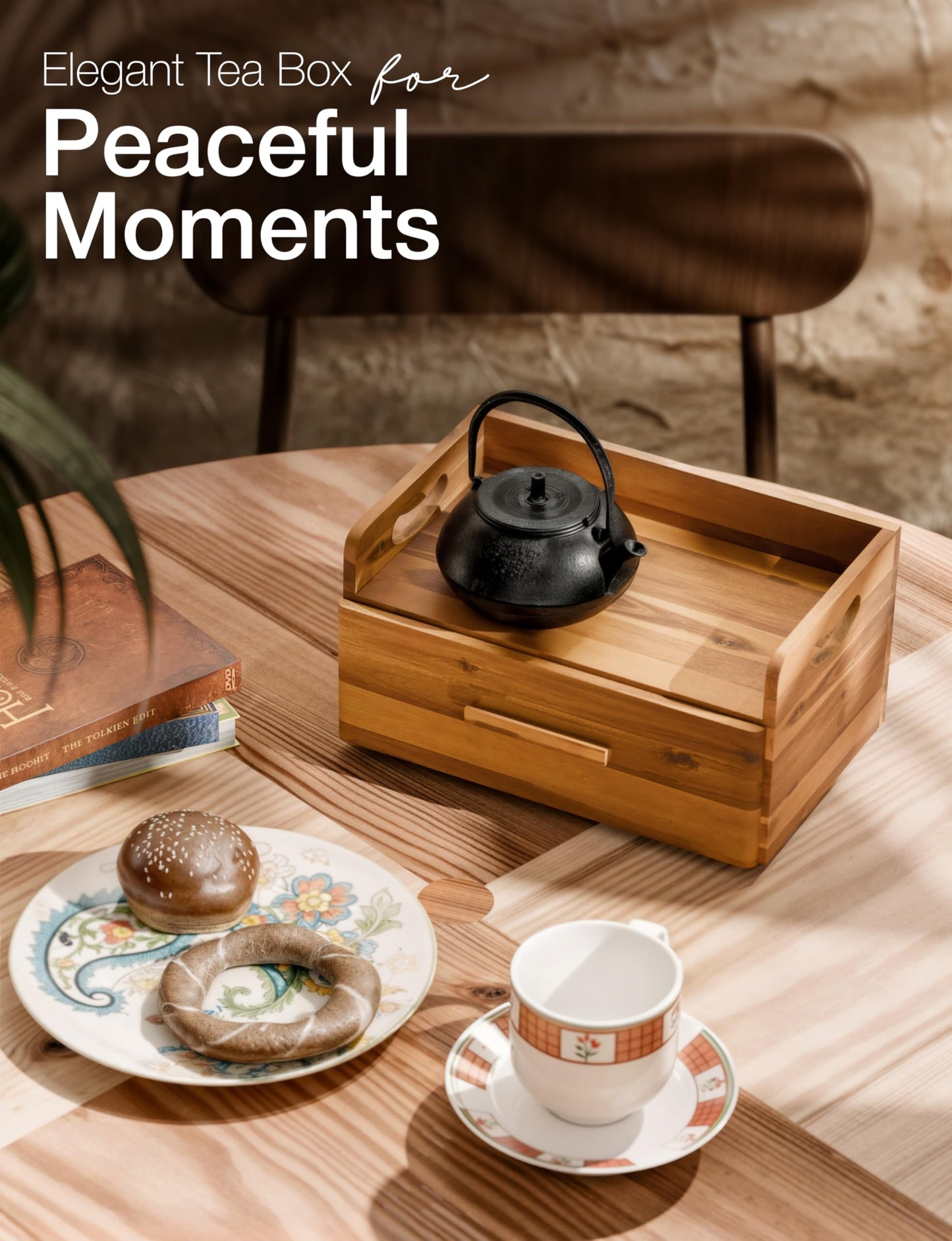 Tinamo Acacia Wooden Tea Box Organizer with Drawer – Tea Chest for Tea Bags Storage – Tea and Coffee Organizer - Wooden Tea Tray and Containers for Countertop Display (Acacia)