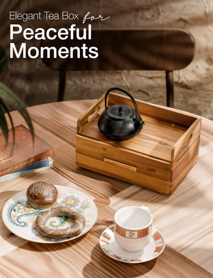 Tinamo Acacia Wooden Tea Box Organizer with Drawer – Tea Chest for Tea Bags Storage – Tea and Coffee Organizer - Wooden Tea Tray and Containers for Countertop Display (Acacia)