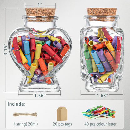Honeymoon Sand Keepsake Jar 2026, 20 Pack Heart Shaped Spell Jars Coloured Paper Scrolls, DIY Gift for Valentine's Day, Small Glass Jars with Cork Lid for Baby Shower, Wedding Favor