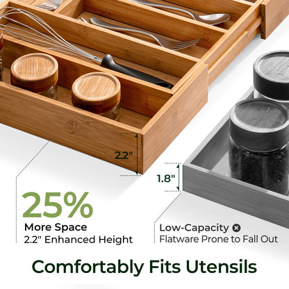 keechee Carbonized Bamboo Kitchen Drawer Organizer, 10 Slots Expandable Silverware Organizer, Utensil Holder & Cutlery Tray, 2.2" Deep for Extra Capacity, Non-Slip Feet Included