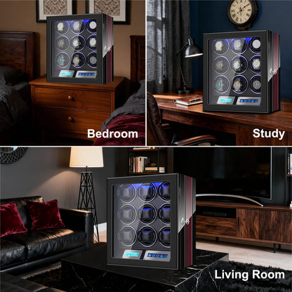 LELTNSOU Watch Winder for 9 Winding Spaces Automatic Watches, Ultra-Quiet Japanese Motors, Built-in LED Illumination and LCD Touchscreen Control