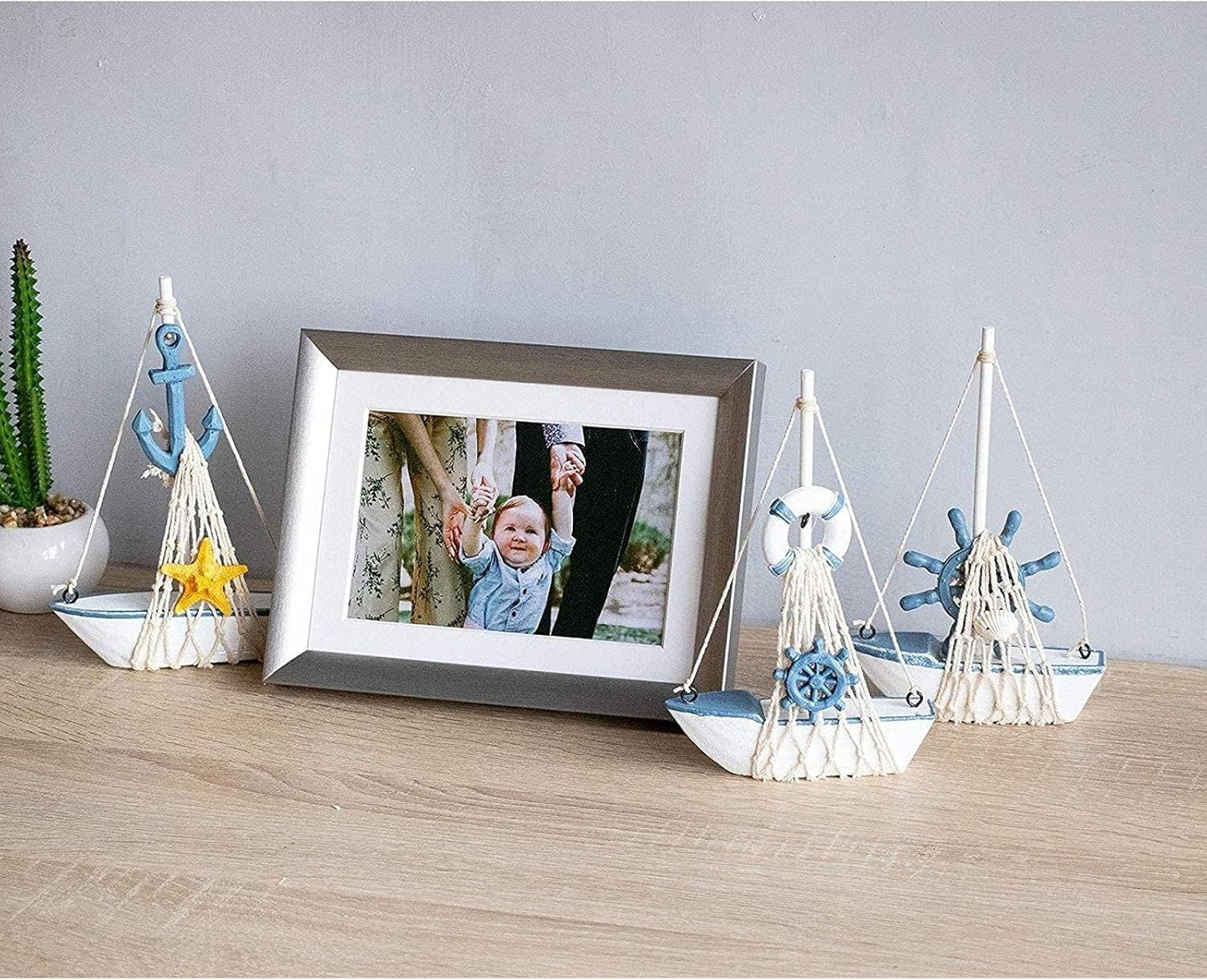 Sailboat 4 Pack, 4.4 6.8 1.25 Sailboat Juvale Mini Wooden Models for Nautical Decor - x x in, Blue & White - Coastal