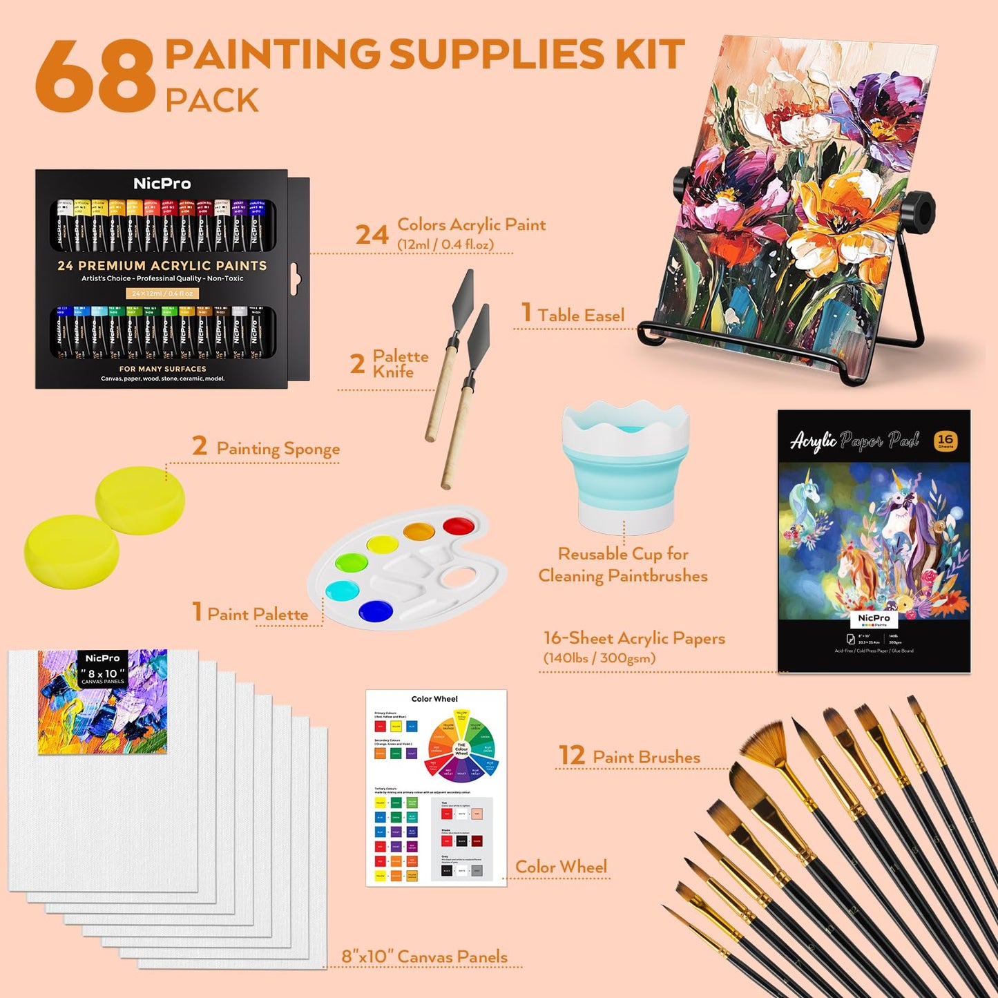 Nicpro 68PCS Acrylic Paint Canvas Set for Adults, Art Painting Supplies Kit with 24 Acrylic Paints,Table Easel,8 Canvas Panels,12 Brushes,Paper Pad,Cleaning Cup, Sponge, Palette for Beginner Artist