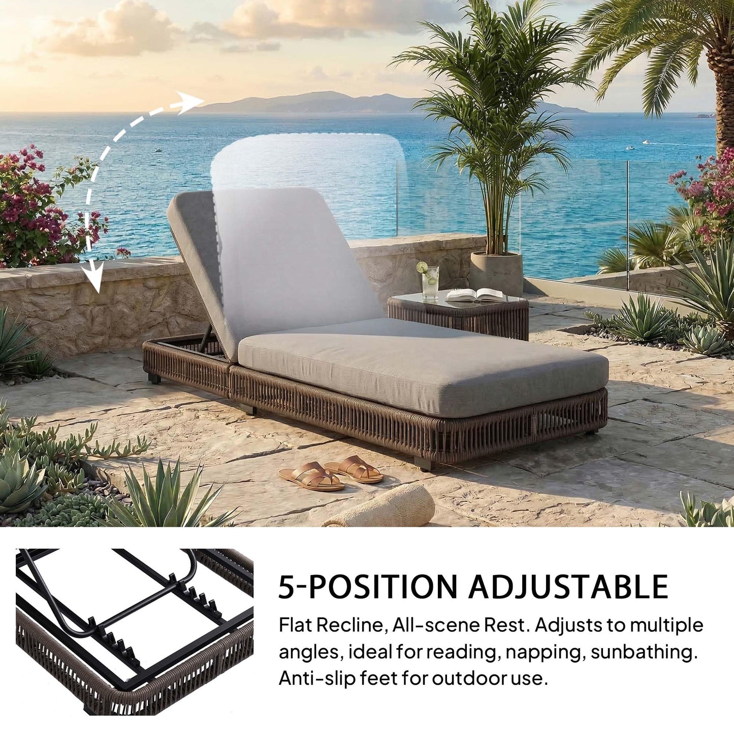 Outdoor Chaise Lounge Chair, 5-Position Adjustable Backrest, All-Weather Grey PE Rattan Wicker Recliner with 5 Inch Grey Cushion, Water-resistant Patio Lounge Chair for Poolside, Beach, Backyard